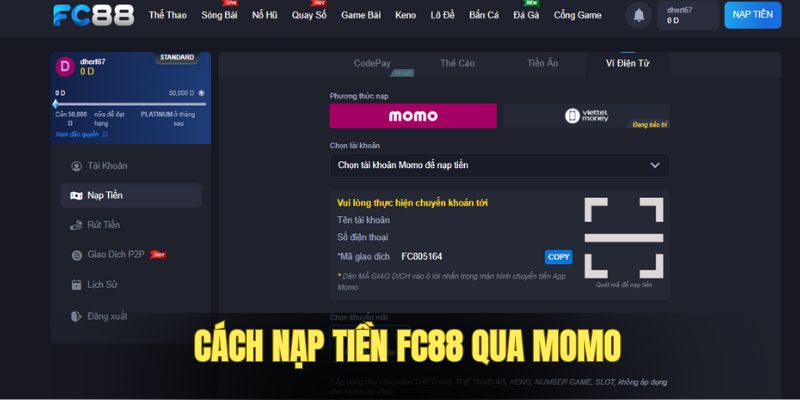 Chuyển tiền vào trang game qua Momo